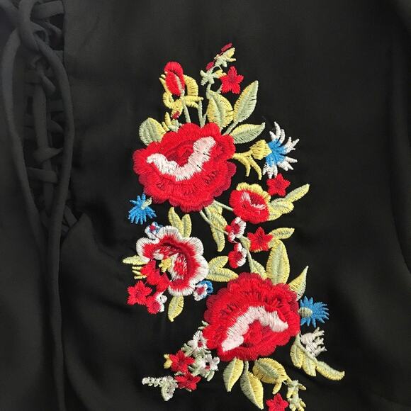 Haute Rouge NWT Black Chiffon Blouse Embroidered Red Roses Long Sleeves - Picture 3 of 6